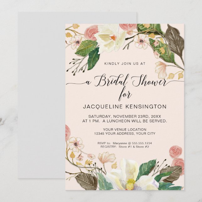 Blush Pink Floral White Magnolia Twig n Foliage Invitation (Front/Back)
