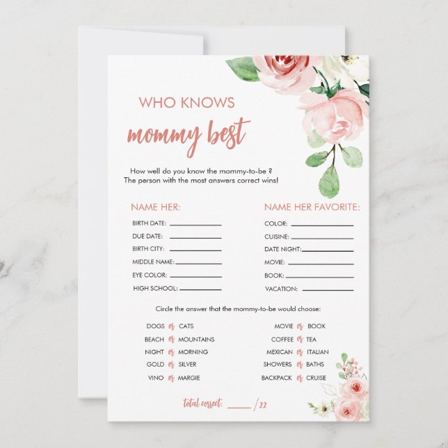 Blush Pink Floral Who Knows Mummy Best Game Card (Front)