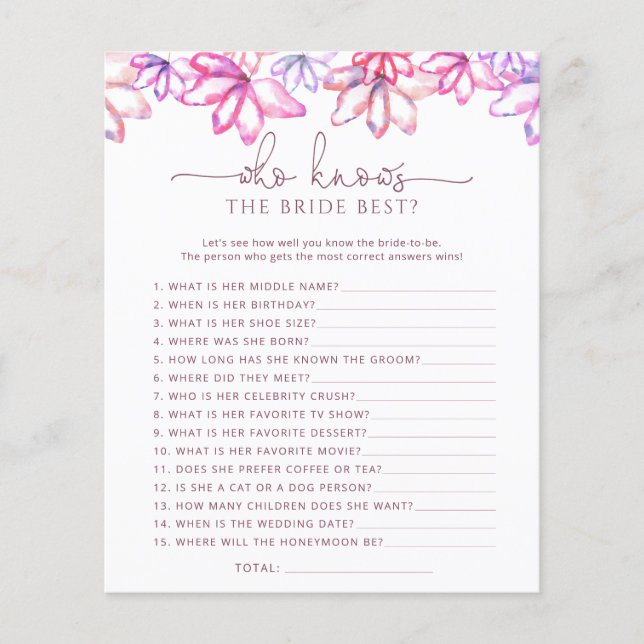 Blush Pink Floral Who Knows The Bride Best Game (Front)