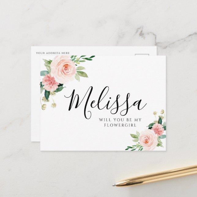 blush pink floral will you be flowergirl card (Front/Back In Situ)