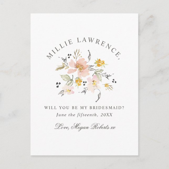 Blush Pink Floral Will You Be My Bridesmaid Photo Invitation Postcard (Front)
