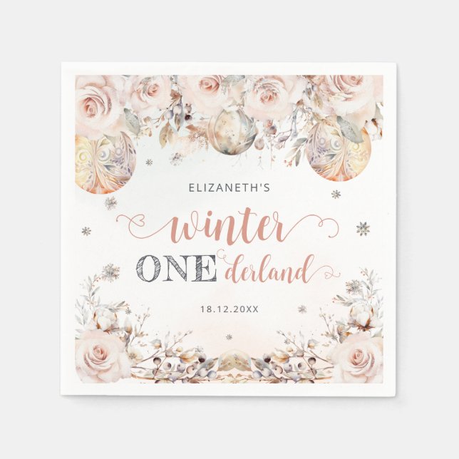 Blush Pink Floral Winter Onederland Girl Birthday Napkin (Front)