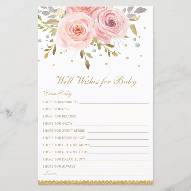 Blush Pink Floral Wishes for Baby Shower Activity (Front)