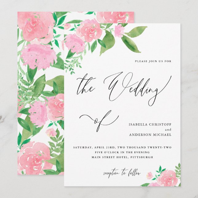 Blush Pink Floral with Calligraphy Wedding Invitation (Front/Back)