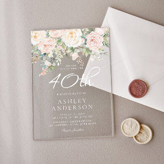 Blush Pink Floral Womans 40th Birthday Party Acrylic Invitations