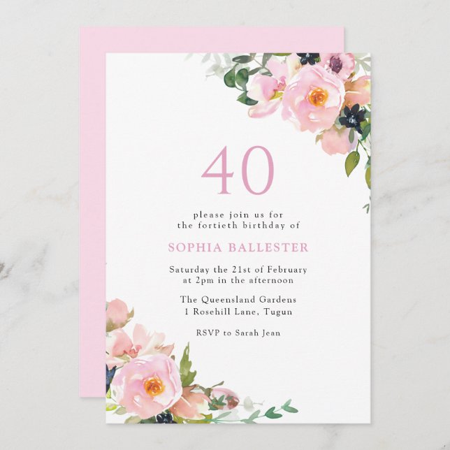 Blush Pink Floral Womans 40th Birthday Party Invitation (Front/Back)