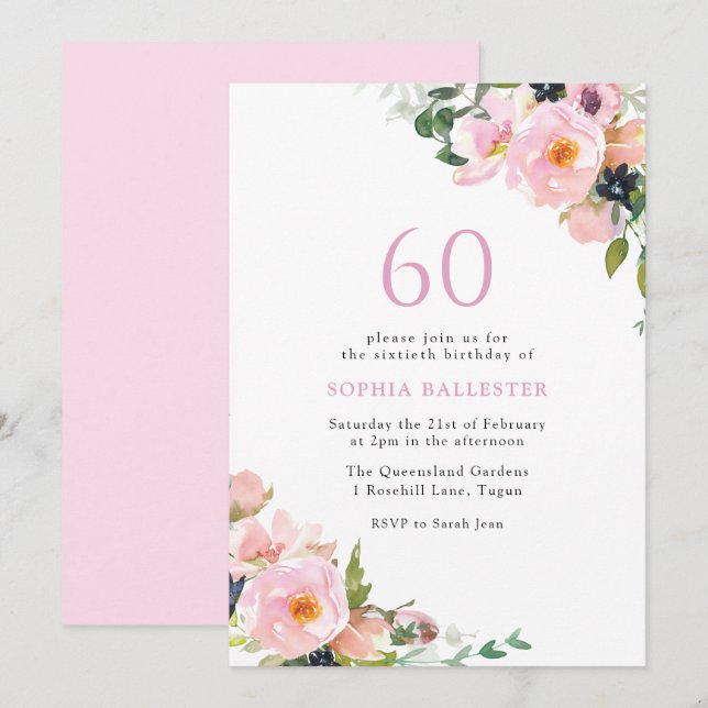 Blush Pink Floral Womans 60th Birthday Party Invitation (Front/Back)