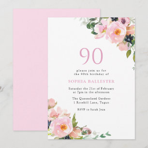 Blush Pink Floral Womans 90th Birthday Party Invitation