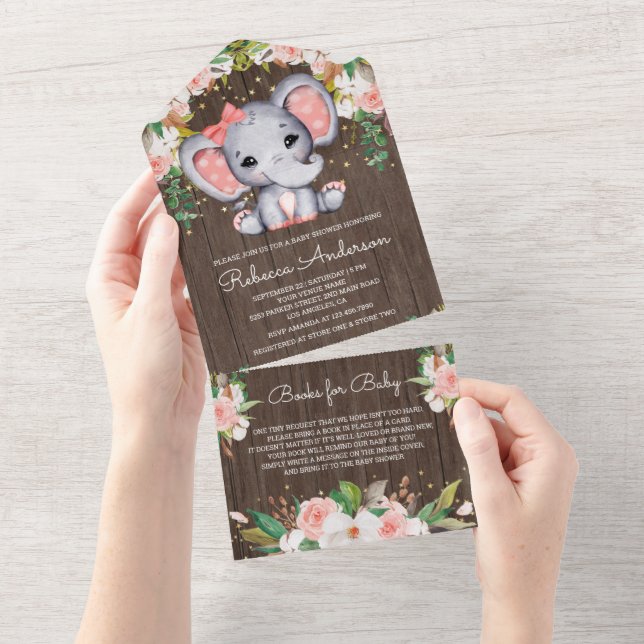 Blush Pink Floral Wood Cute Elephant Baby Shower All In One Invitation (Tearaway)