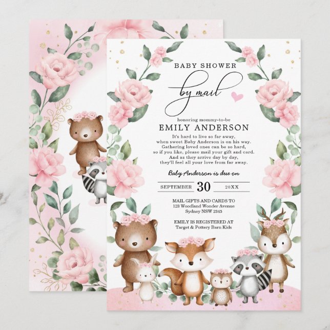 Blush Pink Floral Woodland Animals Baby Shower Invitation (Front/Back)