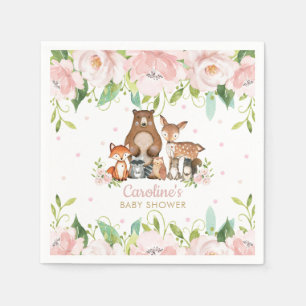 Blush Pink Floral Woodland Animals Baby Shower Napkin