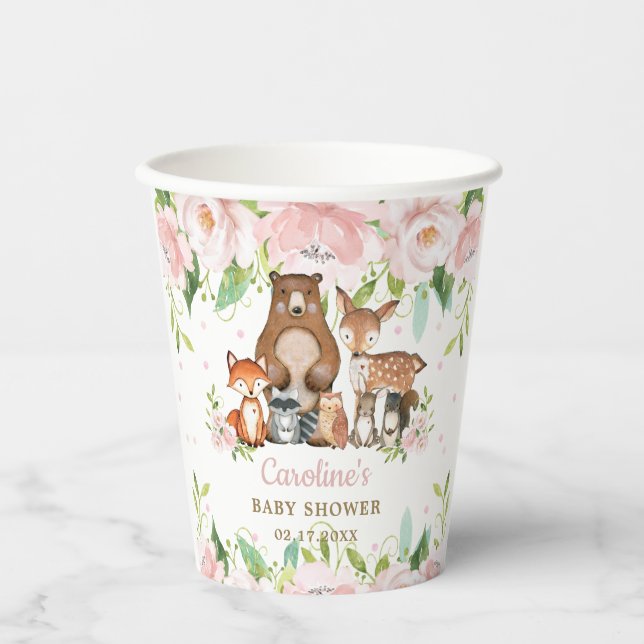 Blush Pink Floral Woodland Animals Baby Shower Paper Cups (Front)