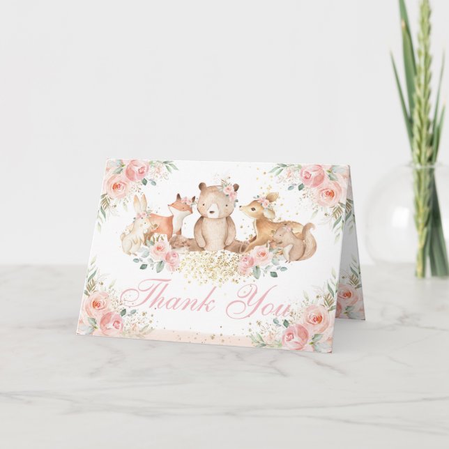 Blush Pink Floral Woodland Animals Folded Tent Thank You Card (Front)
