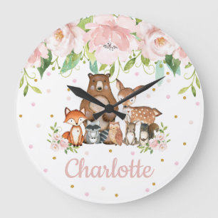 Blush Pink Floral Woodland Animals Girl Nursery Large Clock