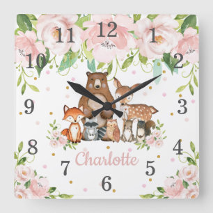 Blush Pink Floral Woodland Animals Girl Nursery  Square Wall Clock
