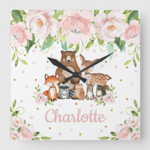 Blush Pink Floral Woodland Animals Girl Nursery Square Wall Clock