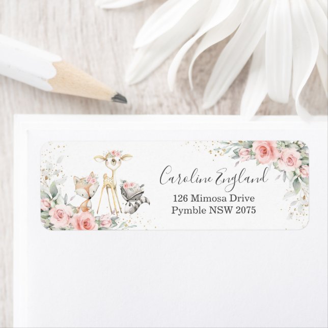 Blush Pink Floral Woodland Animals Return Address (Insitu)