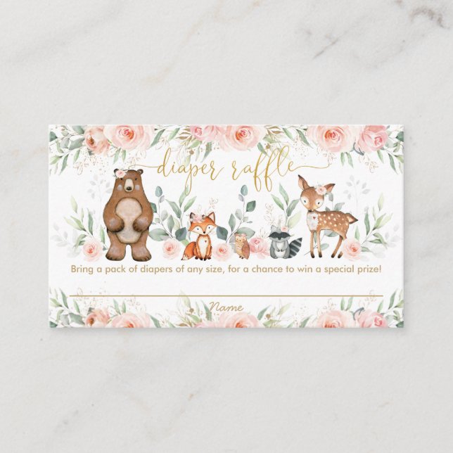 Blush Pink Floral Woodland Baby Diaper Raffle  Enclosure Card (Front)