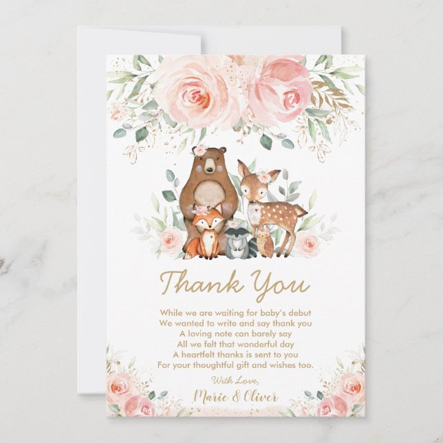 Blush Pink Floral Woodland Baby Shower Birthday  Thank You Card (Front)