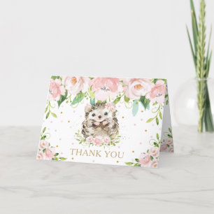 Blush Pink Floral Woodland Hedgehog Baby Shower Thank You Card