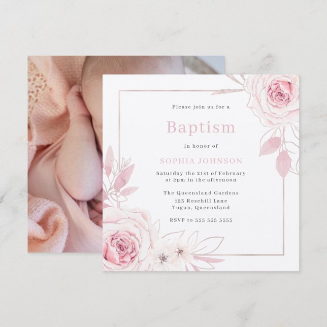 Blush Pink Floral Wreath Baby Girl Baptism V2 Invitation (Front/Back)