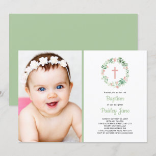 Blush Pink Floral wreath baptism photo invitation