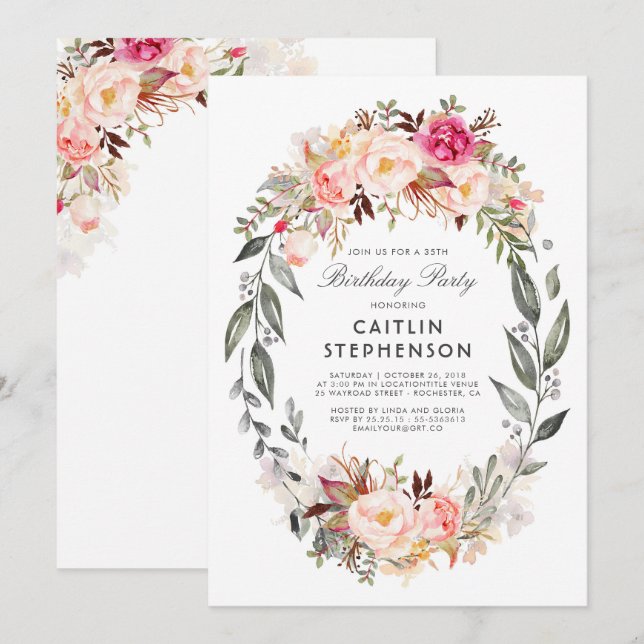 Blush Pink Floral Wreath Elegant Birthday Party Invitation (Front/Back)