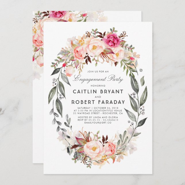 Blush Pink Floral Wreath Engagement Party Invitation (Front/Back)