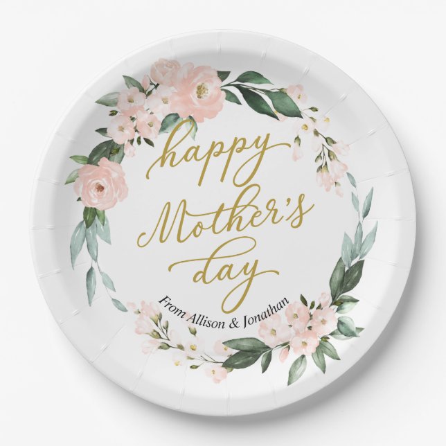 Blush Pink Floral Wreath Happy Mothers Day Paper Plate (Front)