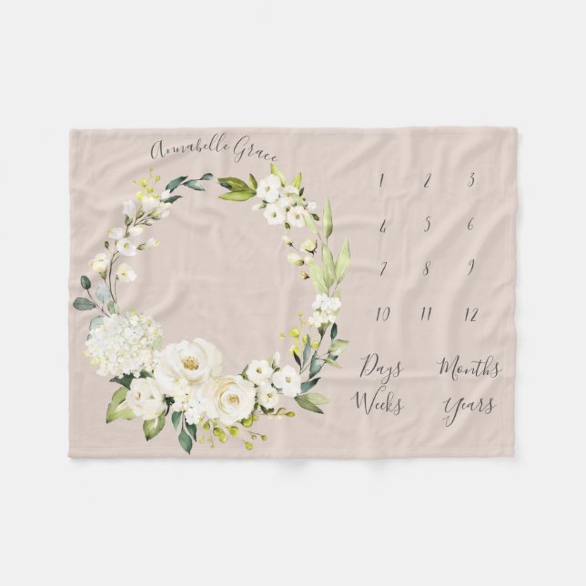 Blush Pink Floral Wreath Monthly Baby Milestone Fleece Blanket (Front (Horizontal))