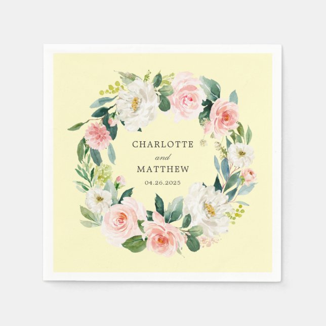 Blush Pink Floral Wreath on Yellow Napkin (Front)