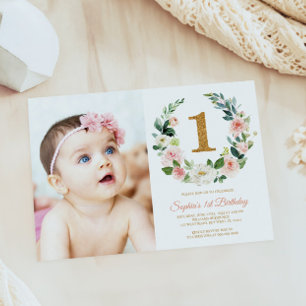 Blush Pink Floral Wreath Photo 1st Birthday Invitation