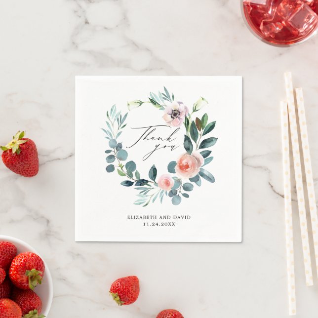Blush Pink Floral Wreath Script Thank You Wedding Napkin (Insitu)