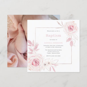 Blush Pink Floral Wreath Sweet Baby Girl Baptism Invitation