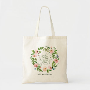 Blush pink floral wreath thank you teacher gift tote bag