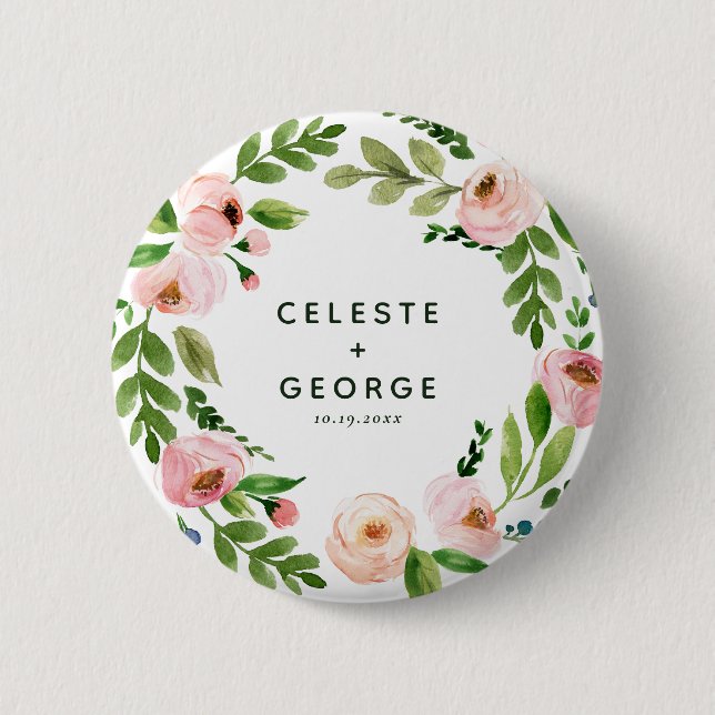Blush pink floral wreath wedding 6 cm round badge (Front)