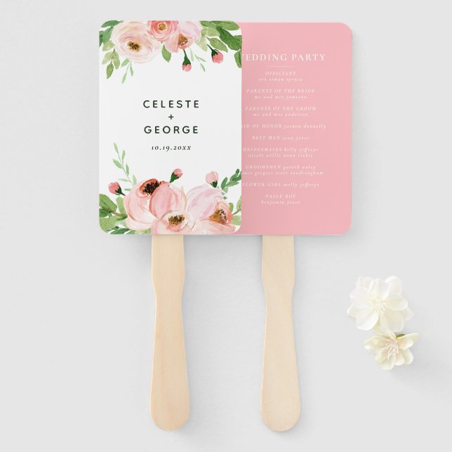 Blush pink floral wreath wedding hand fan (Front and Back)