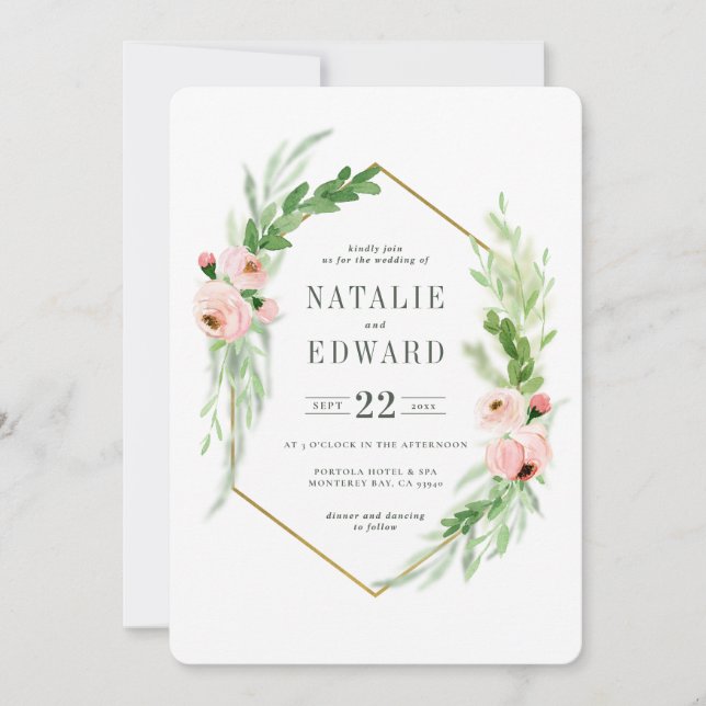 Blush pink floral wreath wedding invitation (Front)