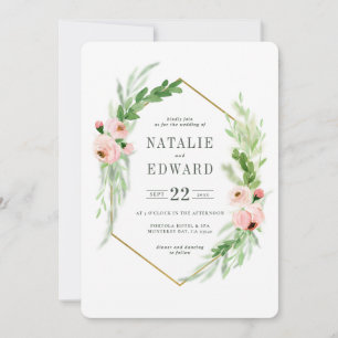 Blush pink floral wreath wedding invitation