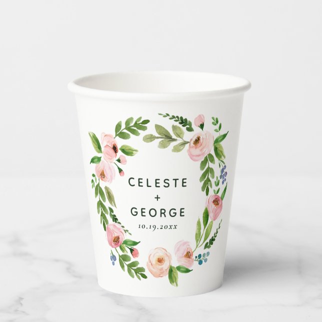 Blush pink floral wreath wedding paper cups (Front)