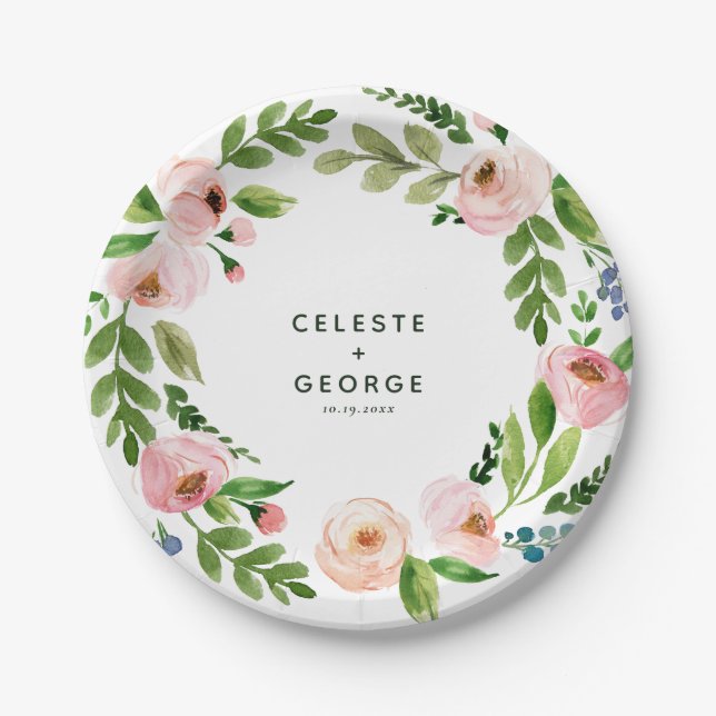 Blush pink floral wreath wedding paper plate (Front)