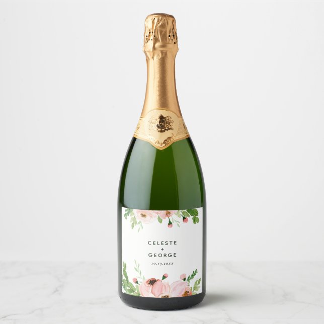 Blush pink floral wreath wedding sparkling wine label (Front)