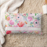 Blush pink florals boho family name script lumbar cushion<br><div class="desc">Romantic, bohemian, boho style. Soft, feminine watercolored flowers in pink, green and peach colours with green foliage on a white background. Personalise and add your name or family name written with a pink coloured modern hand lettered script with swashes. To keep the swashes only delete the sample name, leave the...</div>