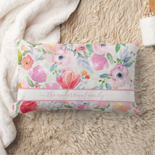 Blush pink florals boho family name script lumbar cushion