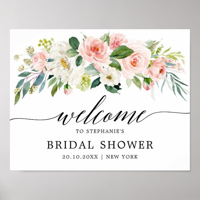 Blush Pink Florals Botanical Bridal Shower Welcome Poster (Front)