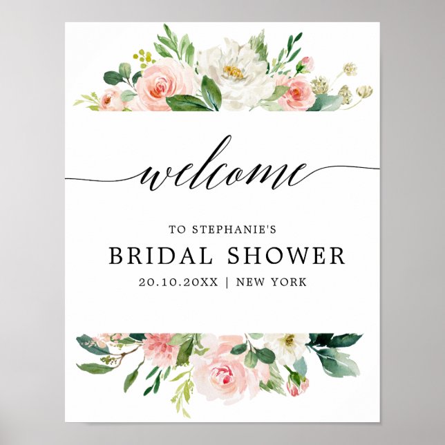 Blush Pink Florals Botanical Bridal Shower Welcome Poster (Front)