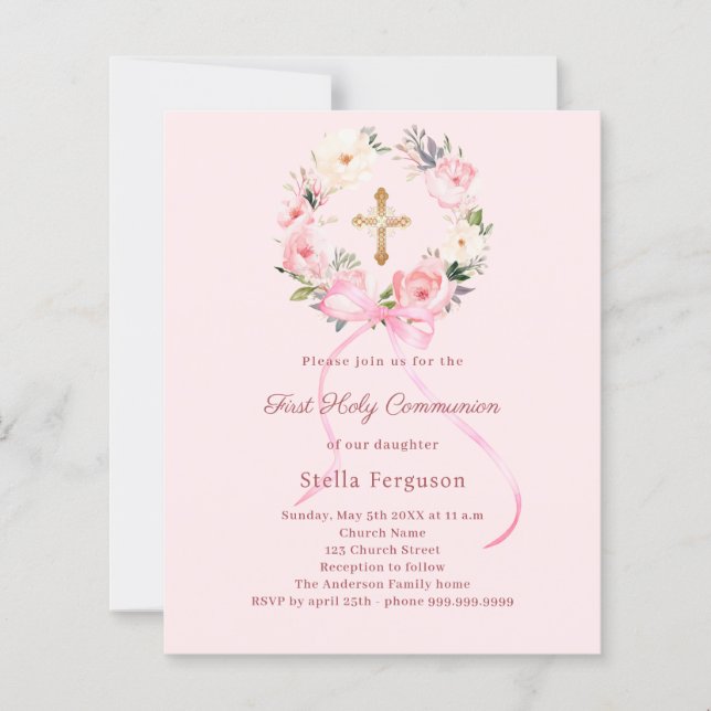 Blush pink florals bow First Communion invitation (Front)