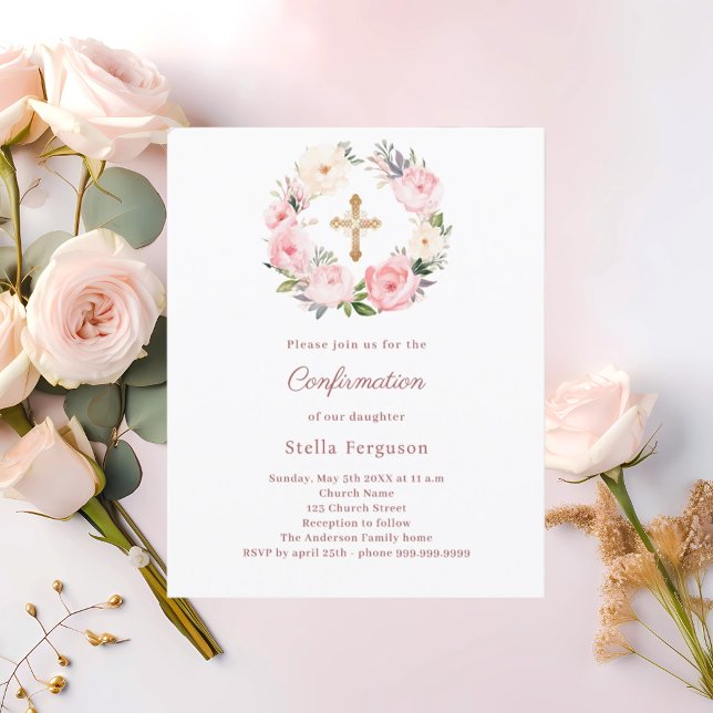 Blush pink florals cross Confirmation invitation (Creator Uploaded)