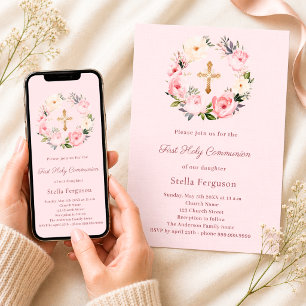 Blush pink florals cross First Communion Invitation