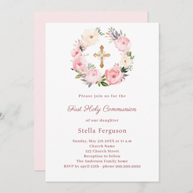 Blush pink florals cross First Communion Invitation (Front/Back)